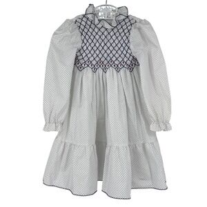 vintage Polly Flinders Smocked Dress White Navy Polka Dot Size 6 80s 1980s